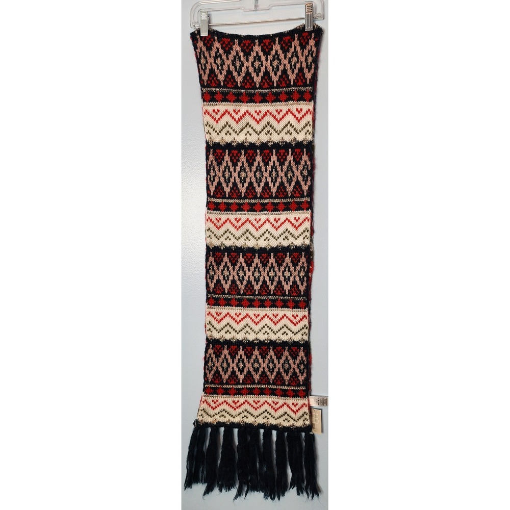 Maurices‎ Women Fair Isle Scarf Knit Tassels Navy Red Cream Metallic Accent NEW